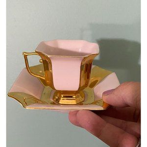 H & C  HC Made in Czechoslovakia Pink and Gold Striped demitasse and saucer,